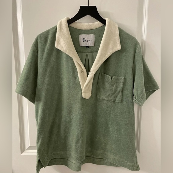 Tombolo Green White Cabana Terrycloth Toweling Polo Beach Shirt, Size Medium - Picture 2 of 6